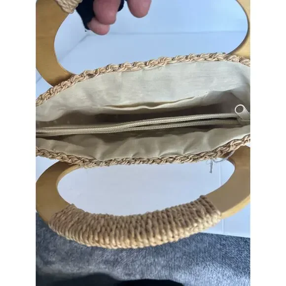 NEW Bohemian Wheat Straw Wood Handle Tan Artisan Handmade‎ Purse Tote Hand Bag - Picture 7 of 8